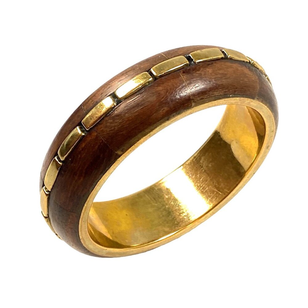 Wood Brass Bangle Bracelet S/M Chunky Dome Exotic Ethnic Boho Gypsy 80s VTG
